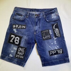 Phillip Plein Denim Jean Shorts Men's Size 34 Designer Distressed‎ Pants Rare
